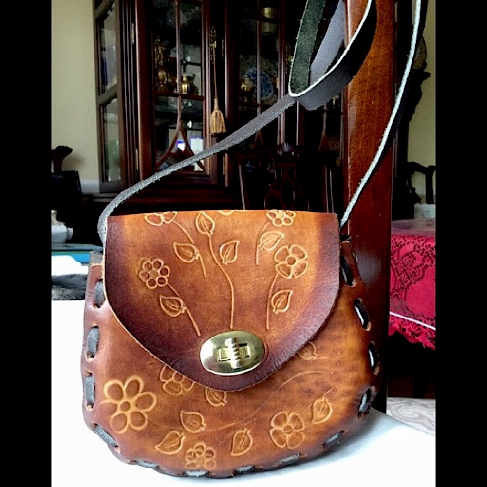Hand Tooled Leather Shoulder Bag Gorgeous Floral Pattern, Browns